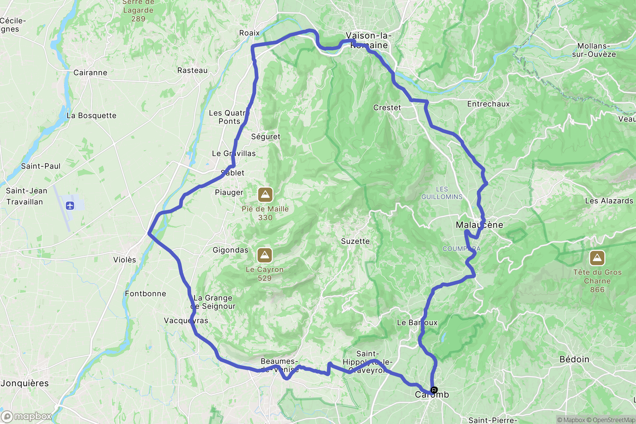 Caromb : carte du parcours de randonnée - France