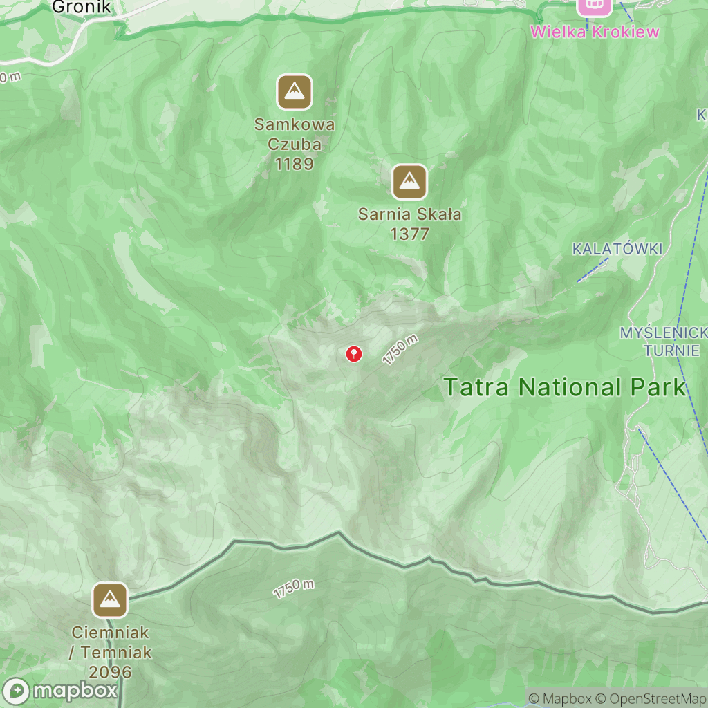 Mapa wyznaczonego obszaru giewont-szlaki-piesze