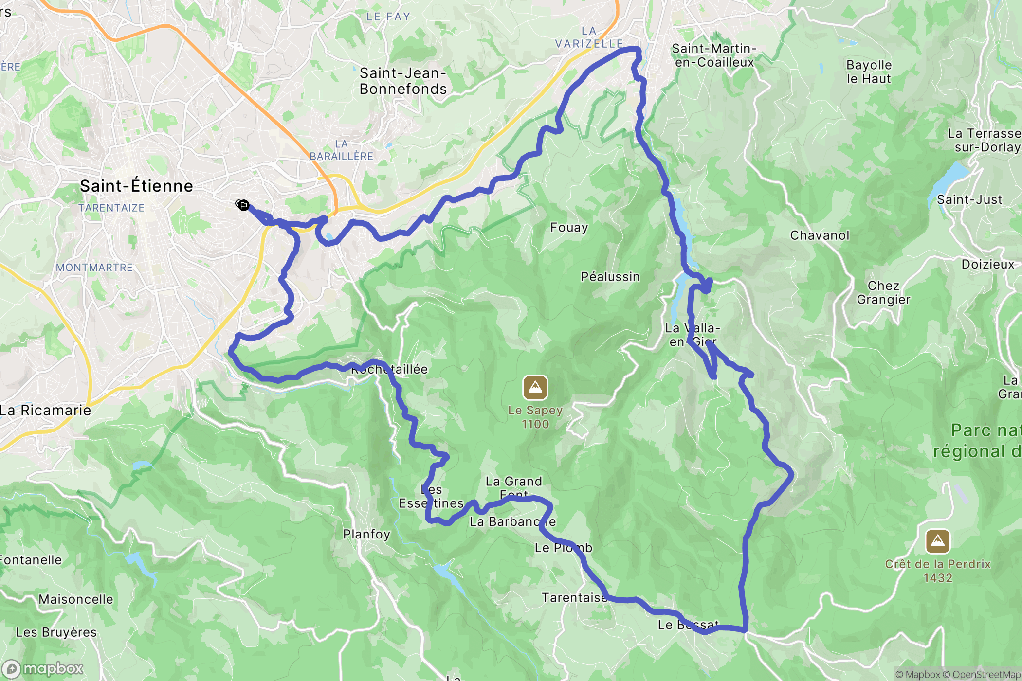 Saint-Étienne : carte du parcours de randonnée - France