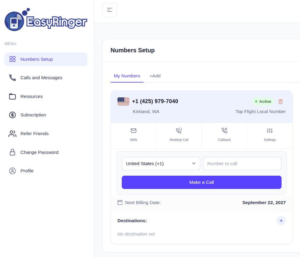 The EasyRinger dashboard showing an active US virtual number with SMS, desktop call, callback, and settings controls