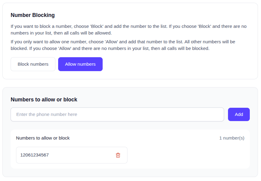 EasyRinger Number Blocking set to Allow with a single permitted number on the list