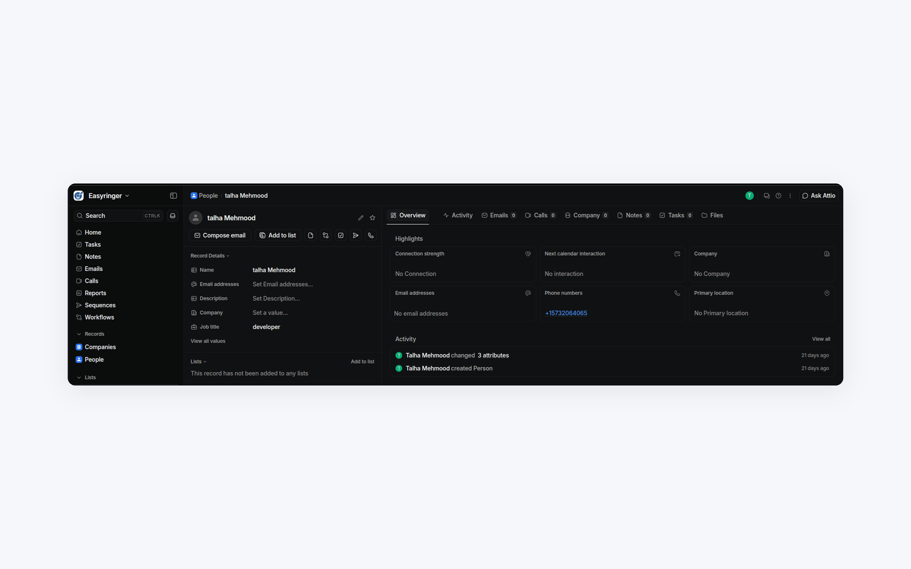 Attio Person record page before opening the actions menu