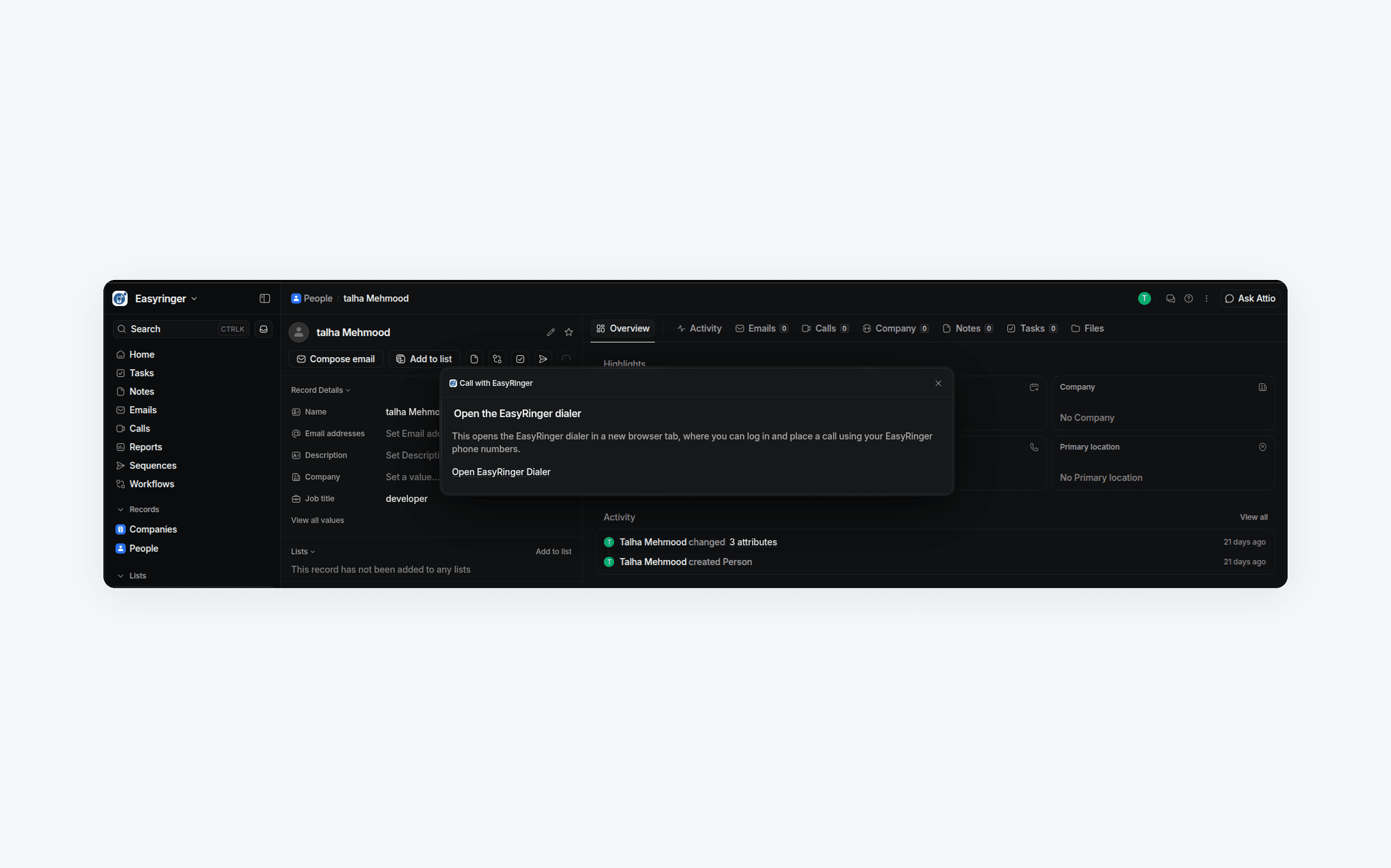 The Call with EasyRinger dialog open on an Attio Person record
