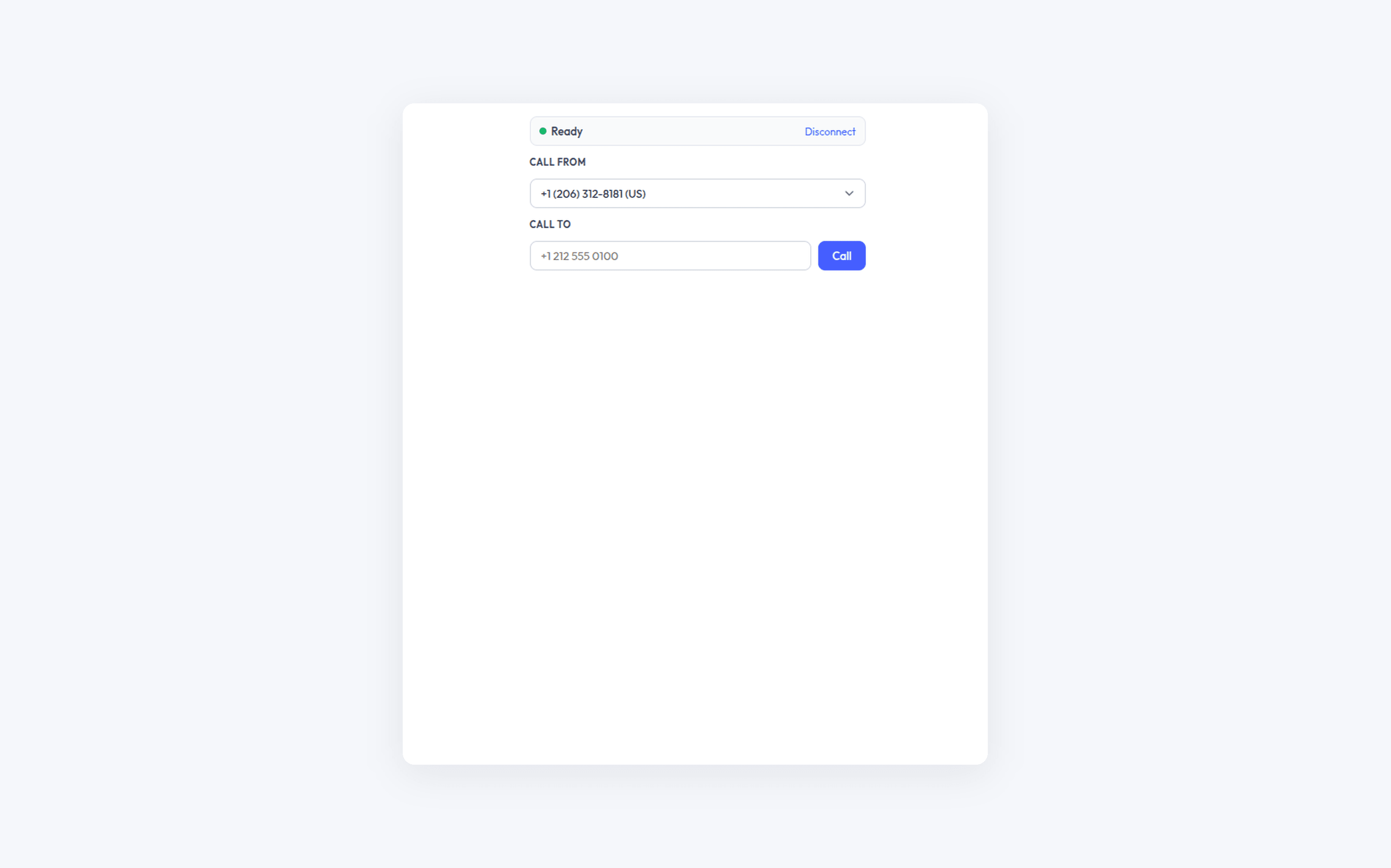 EasyRinger dialer ready to place a call with a Call From number selected