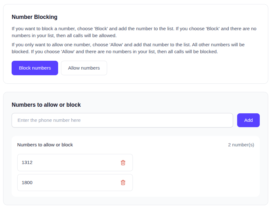 EasyRinger Number Blocking set to Block with two area codes on the list