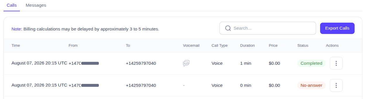 EasyRinger call records showing a completed call with a voicemail ready to play