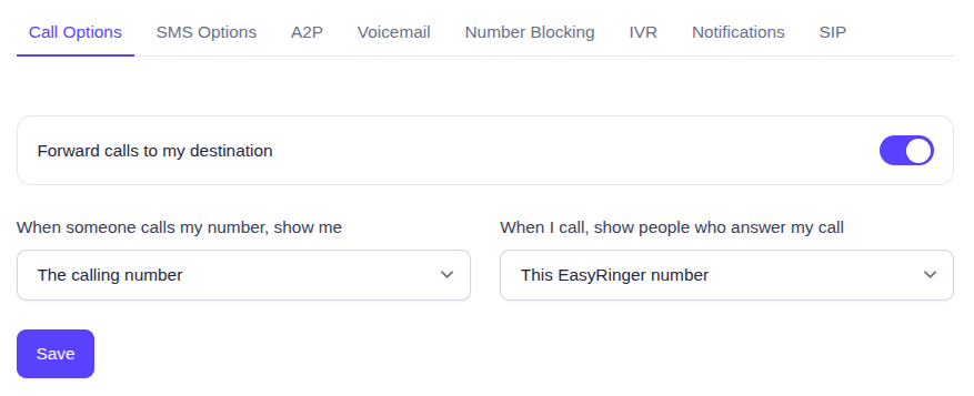 EasyRinger Call Options with selectors for incoming and outgoing caller ID