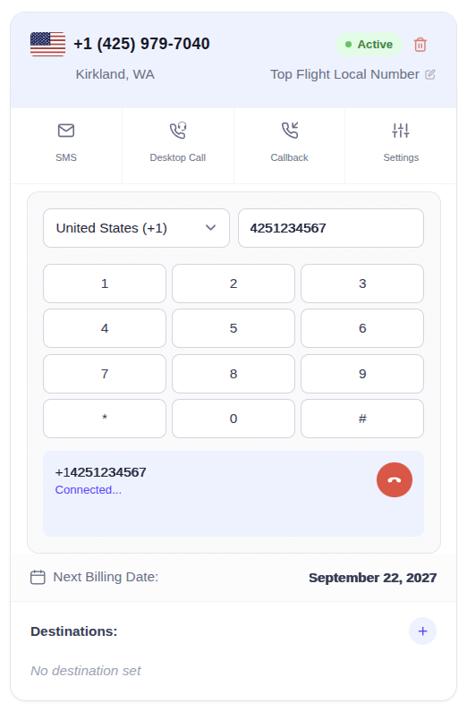 EasyRinger Desktop Call connected to a number, showing the keypad and the button to end the call