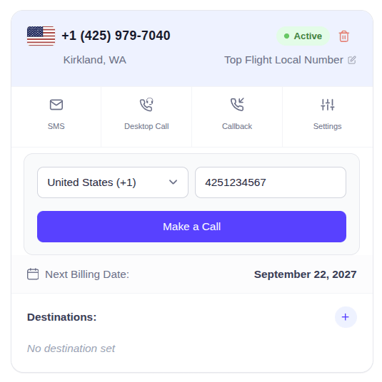 EasyRinger Desktop Call tab with a country selected, a number entered, and the Make a Call button ready