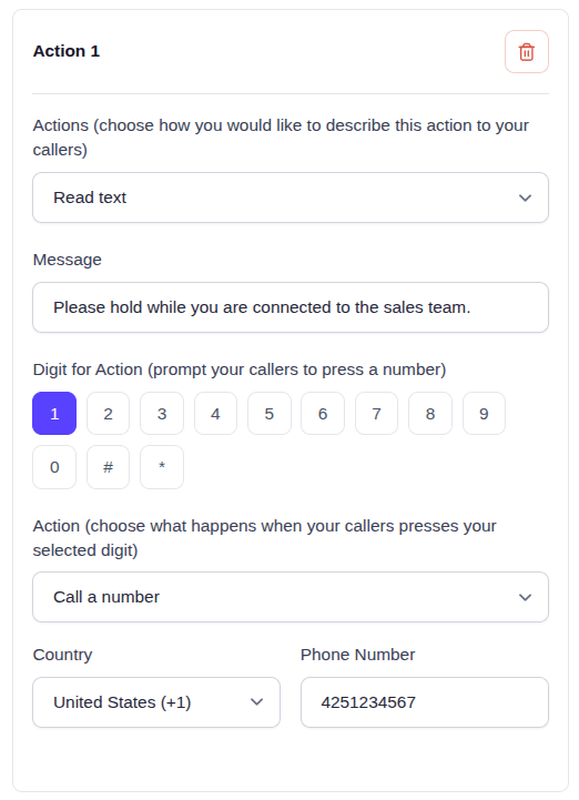 EasyRinger IVR action with digit 1 selected and a phone number set to ring