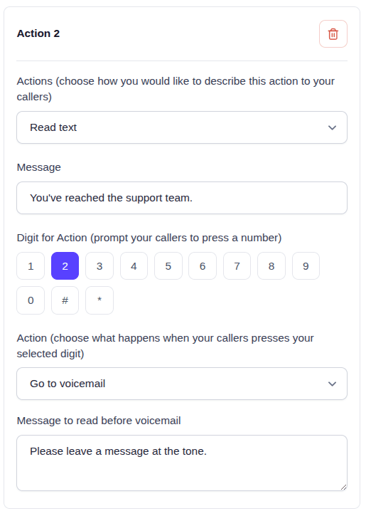 EasyRinger IVR action set to take a voicemail, with a message read to callers first
