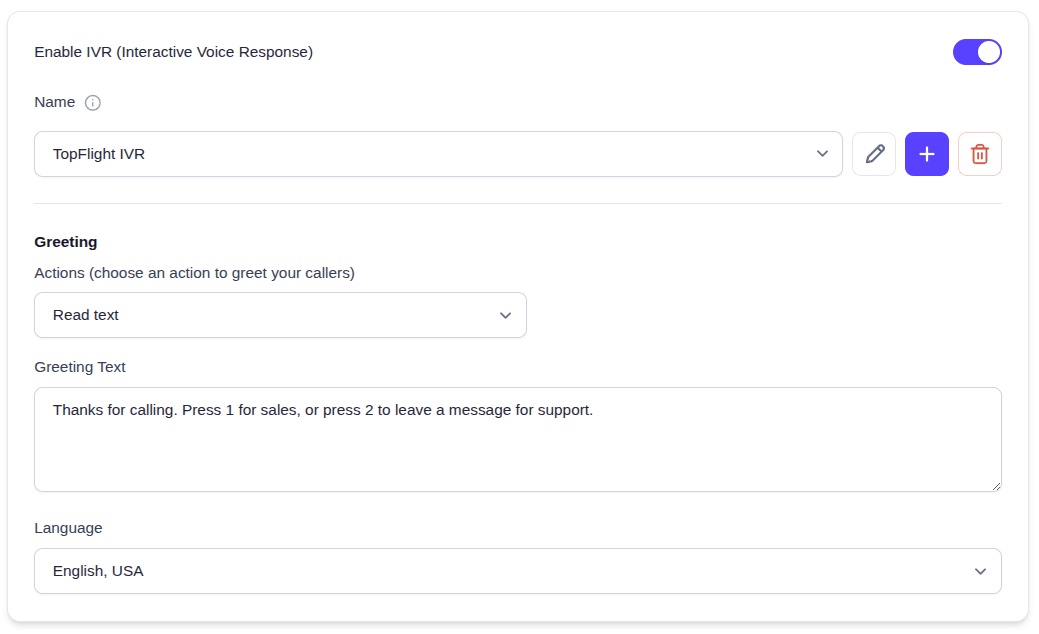 EasyRinger IVR settings with IVR enabled, a menu named TopFlight IVR, and a greeting that lists the caller's options