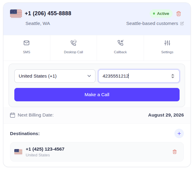 EasyRinger dashboard card for an active Seattle number with SMS, desktop call, and callback options