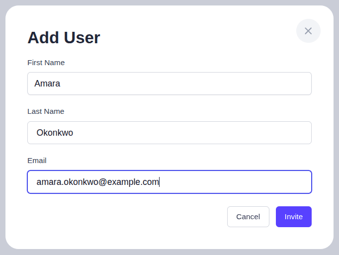 EasyRinger Add User dialog with a team member's name and email filled in, ready to send an invitation