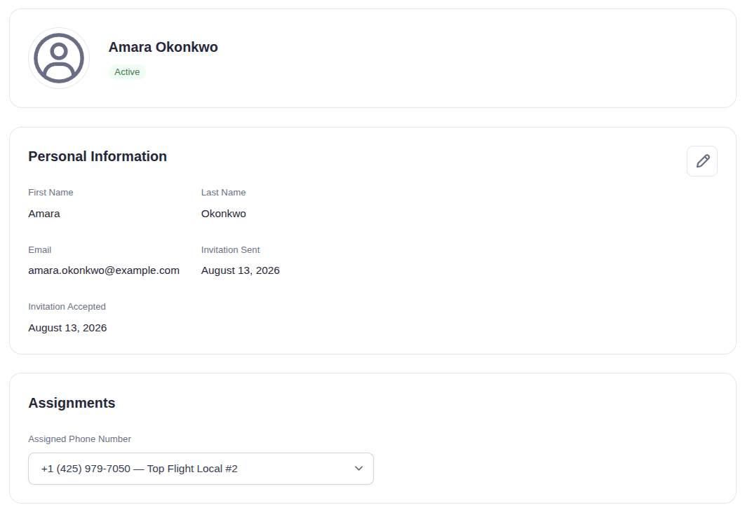 EasyRinger team member page showing their details and the phone number assigned to them
