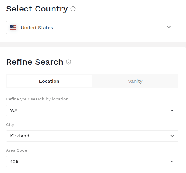 EasyRinger number search filtered to Washington state, Kirkland, area code 425