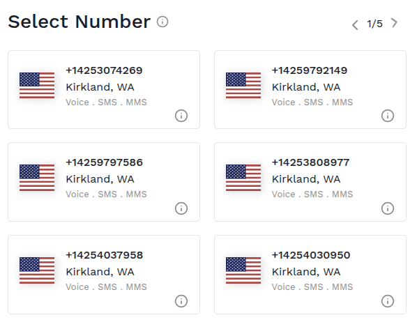 EasyRinger showing available Kirkland, Washington phone numbers with voice, SMS, and MMS support