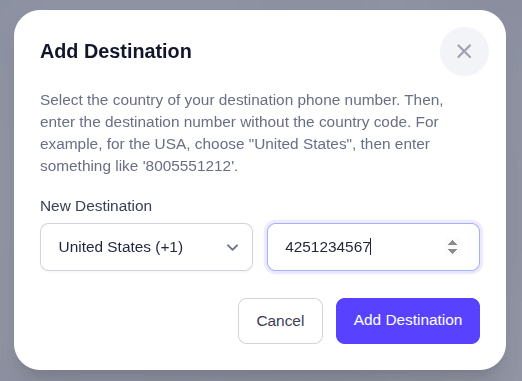 EasyRinger Add Destination dialog with a United States forwarding number entered