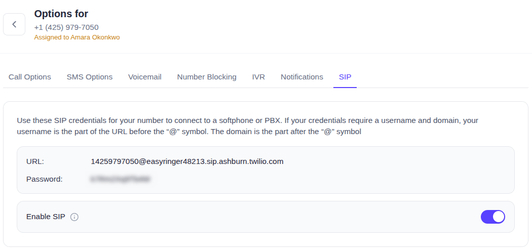 EasyRinger SIP tab showing a generated SIP URL with the password redacted and SIP switched on