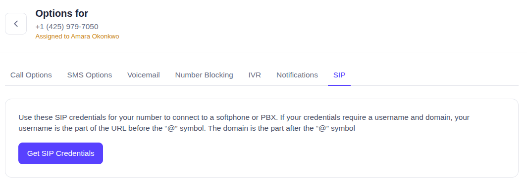 EasyRinger SIP tab for a number before any credentials exist, showing the Get SIP Credentials button