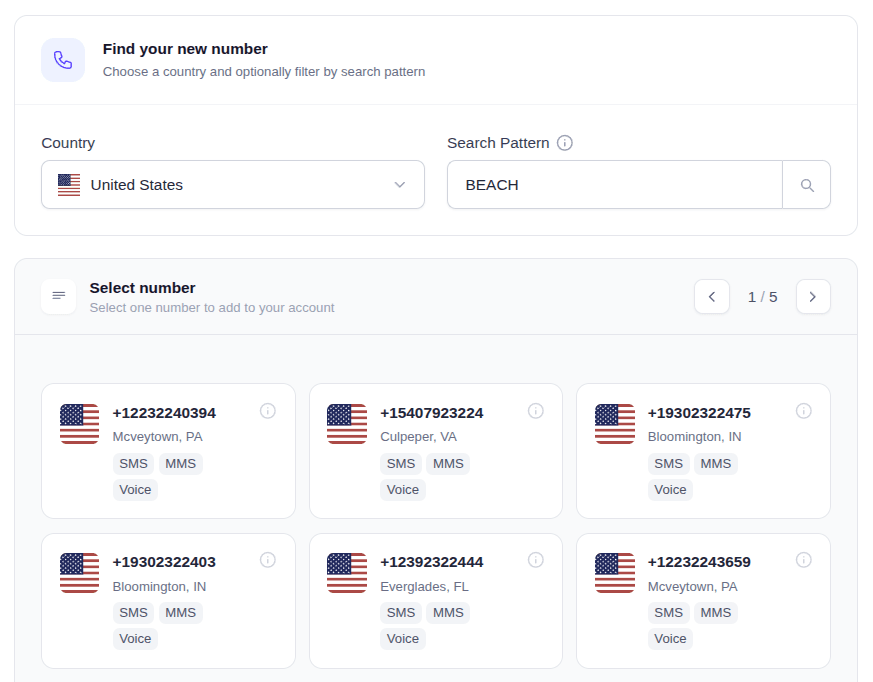 EasyRinger dashboard vanity search for BEACH, listing matching numbers to add