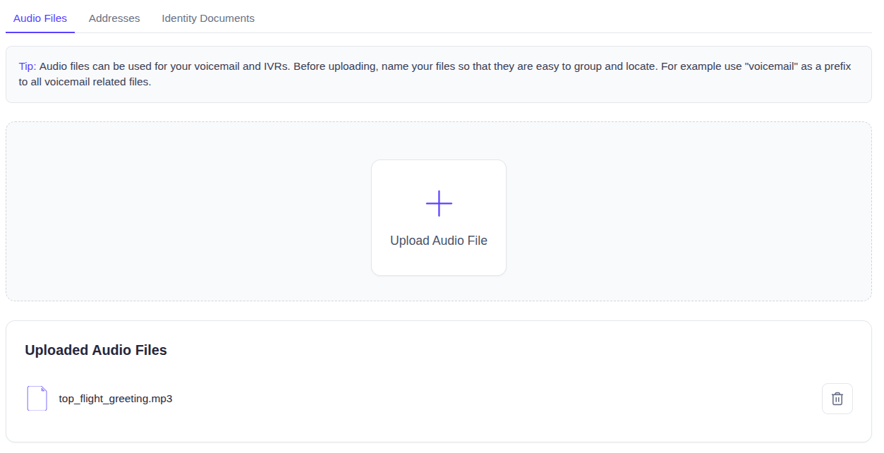 EasyRinger Audio Files page with a greeting recording uploaded