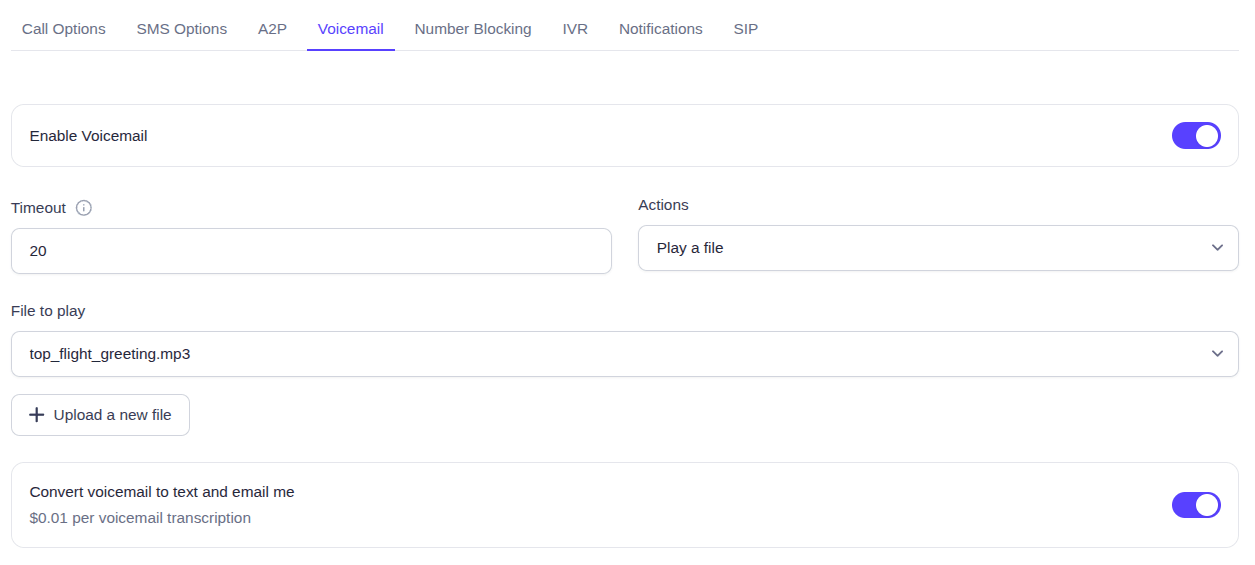 EasyRinger Voicemail settings set to play an uploaded greeting file