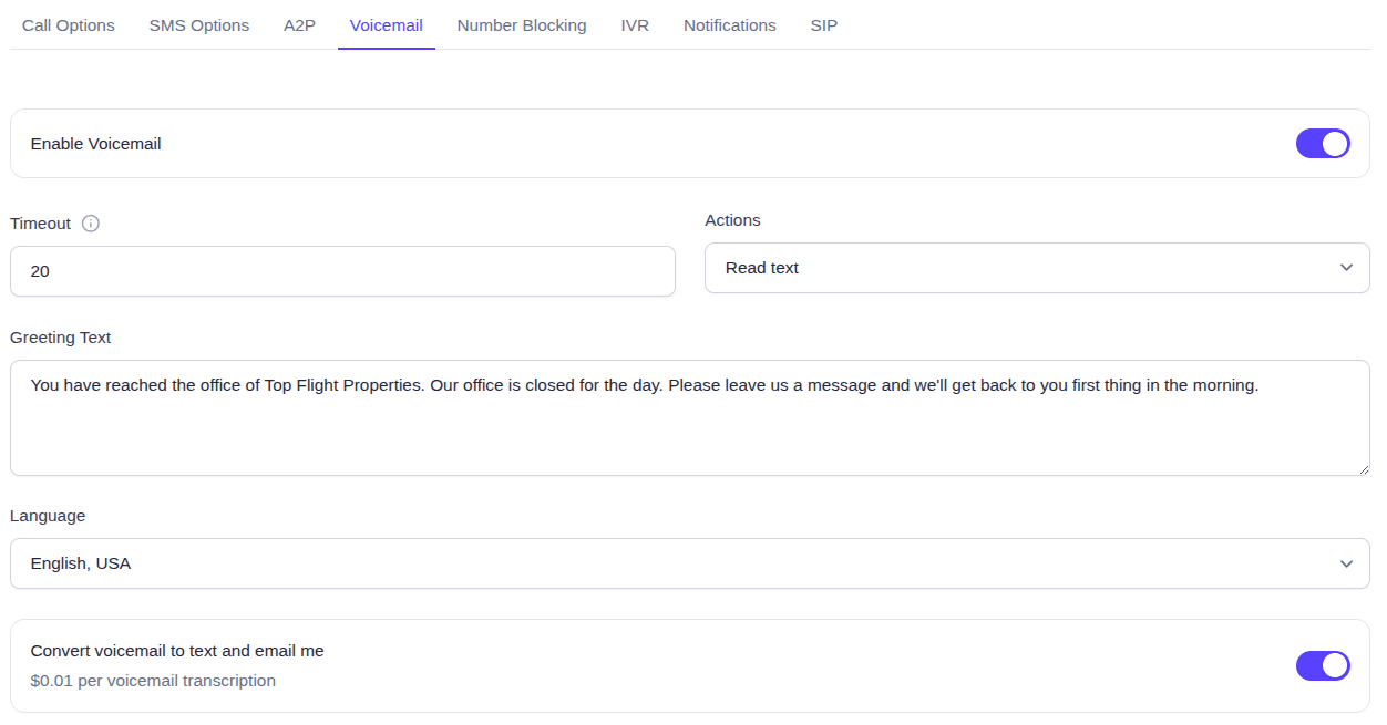 EasyRinger Voicemail settings with Enable Voicemail switched on and a 20 second timeout
