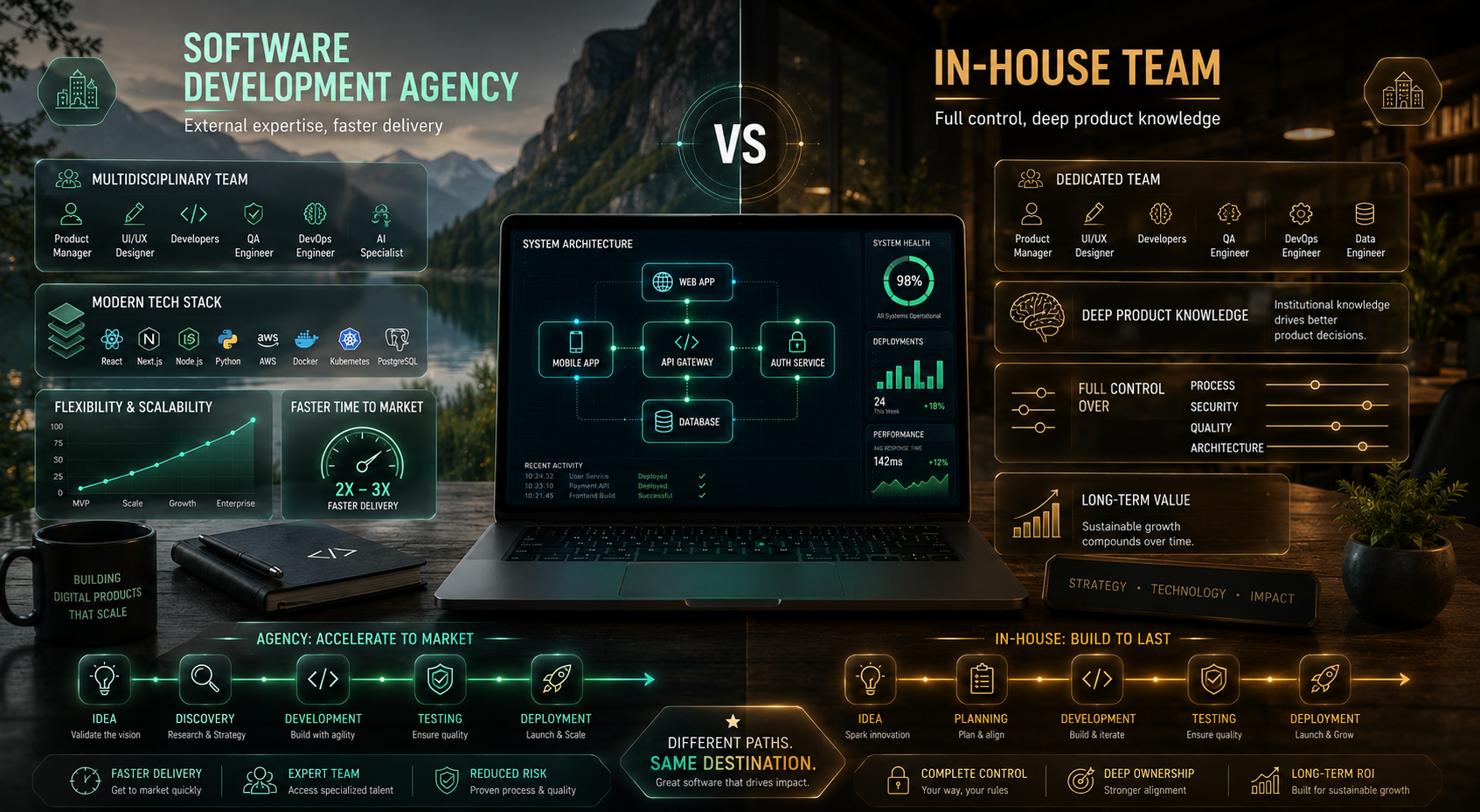 "Hire a Software Development Agency vs In-House Team — Pros & Cons"  Educational/authority-building topics: