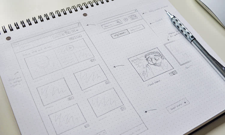 Hand-drawn website wireframes in a sketchbook — custom UX design process