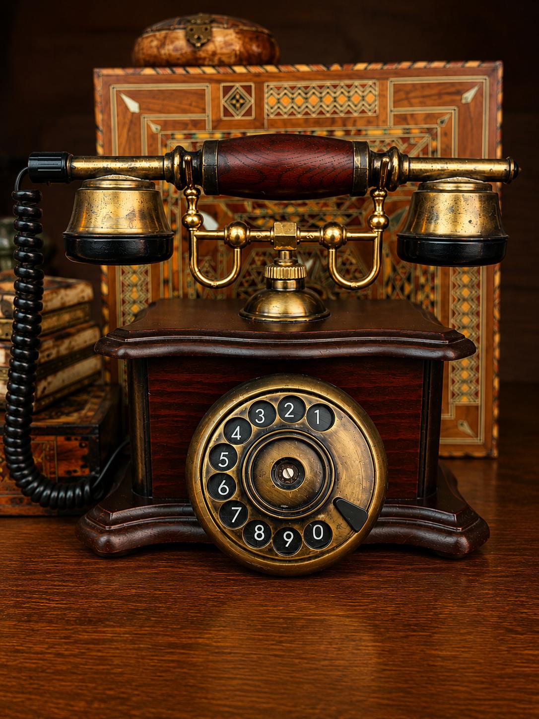 Vintage Ahşap Gövdeli Çevirmeli Masa Telefonu — Tahmini 1930–1960