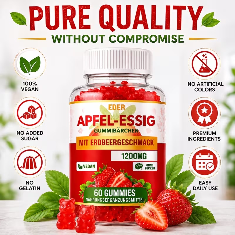 Apfelessig Gummibärchen 1200mg mit Roter Bete, Vitamin C, B6, B9 & B12 – 60 vegane Fruchtgummis (Erdbeere) – Premium Nahrungsergänzung