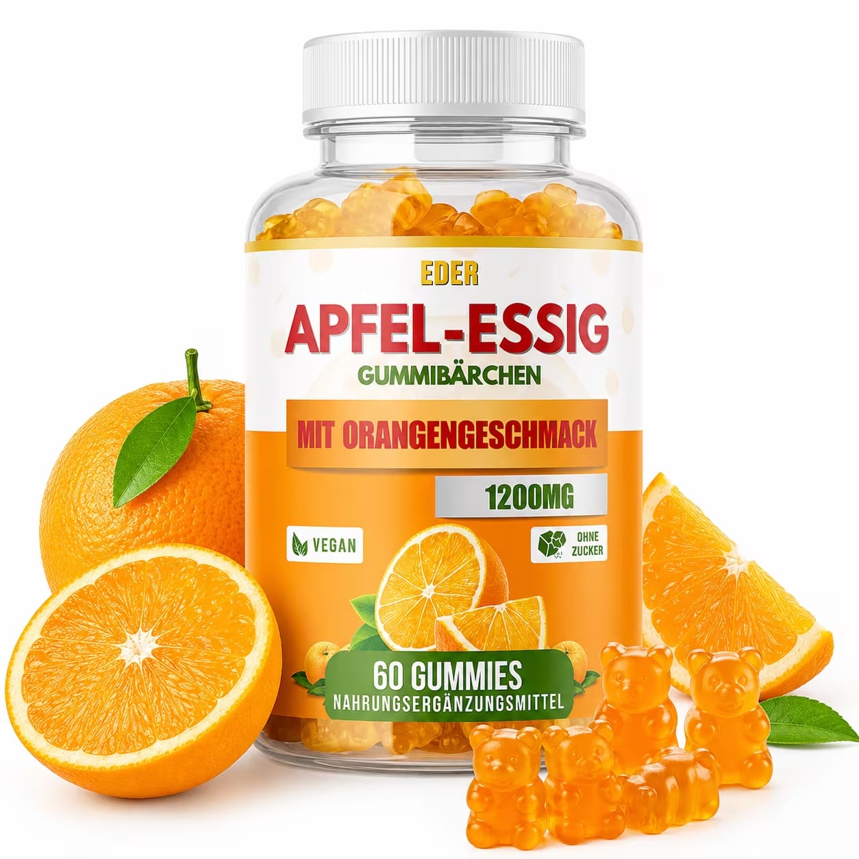 Apfelessig Gummibärchen 1000mg mit Roter Bete, Vitamin C, B6, B9 & B12 – 60 vegane Fruchtgummis (Orange) – Premium Nahrungsergänzung