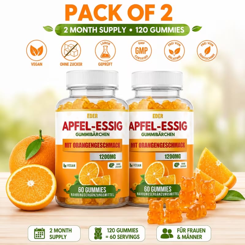 Apfelessig Gummibärchen 1200mg – 120 vegane Fruchtgummis | 60 Portionen | 2-Monats-Vorrat | Mit Vitamin C, B6, B12, Folsäure & Roter Bete | Natürlicher Apfelgeschmack | Für Damen & Herren