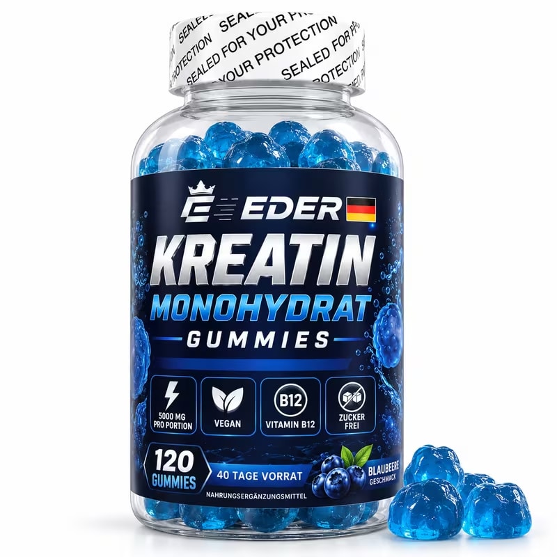 Kreatin-Monohydrat Gummibärchen 5000mg | 120 vegane Fruchtgummis | Heidelbeer-Geschmack | 5g pro Portion | 40 Portionen | Reines ATP-Muskelkraft-Kreatin