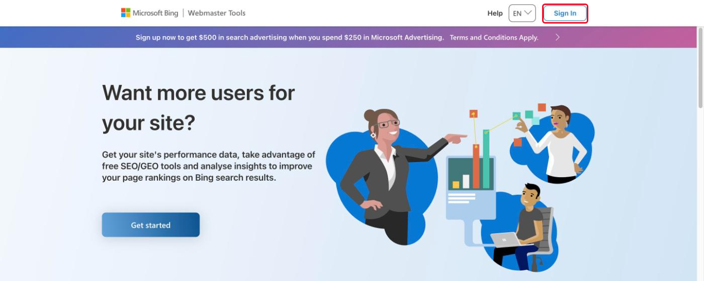The Bing Webmaster Tools home page with the "Sign In" button at the top right