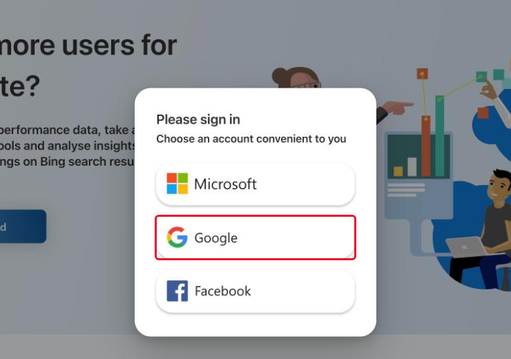 The sign-in window with Microsoft, Google and Facebook, Google selected
