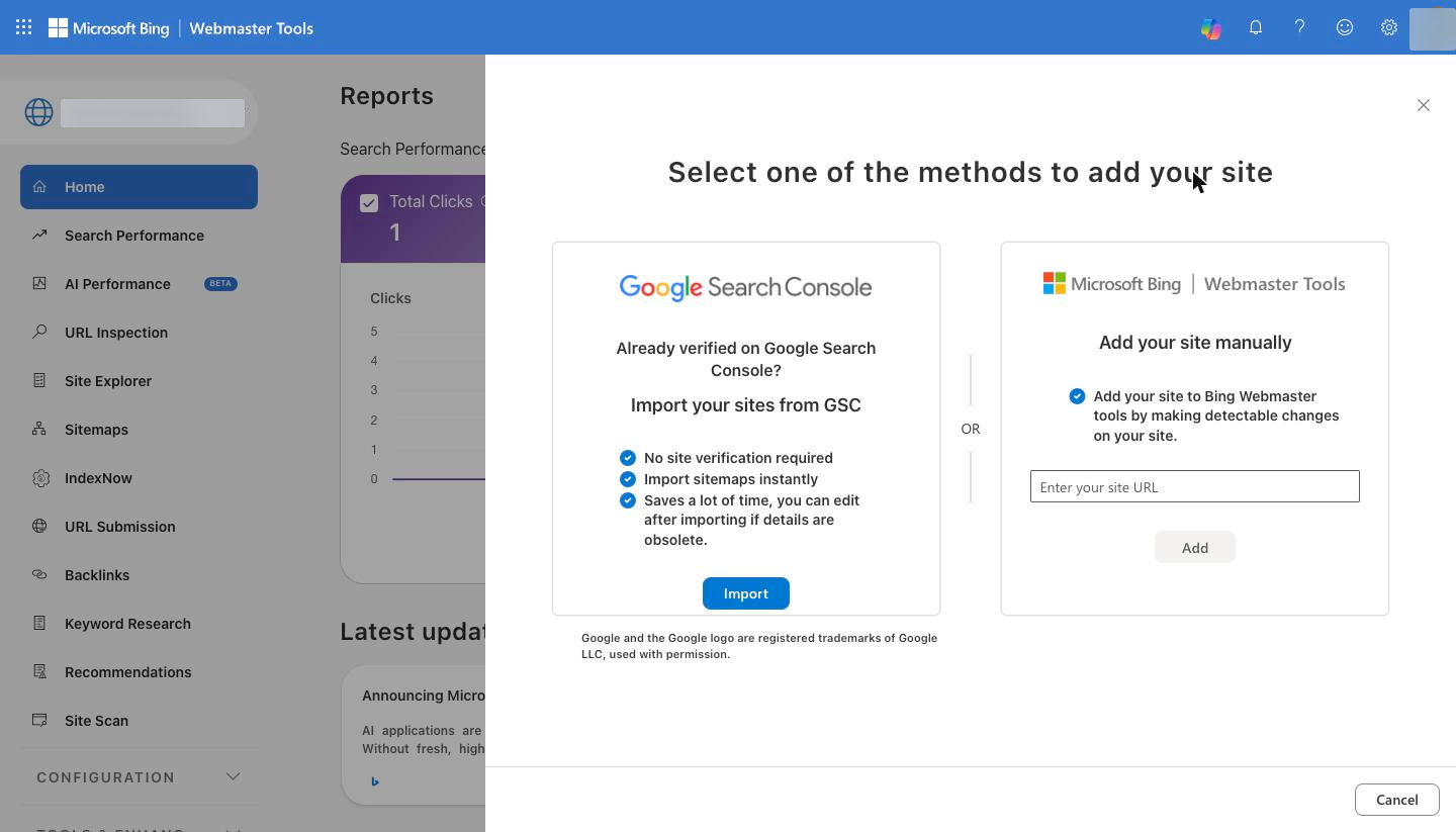 The "Select one of the methods to add your site" window with two cards: import from Google Search Console and manual add