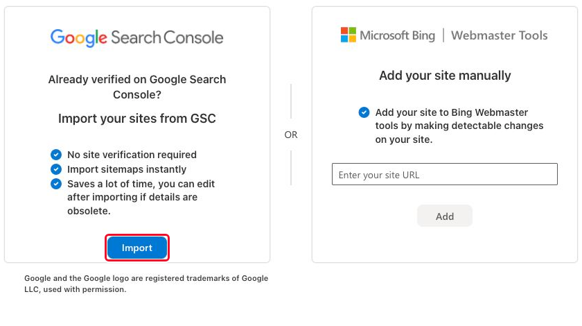 The "Import" button on the Google Search Console card