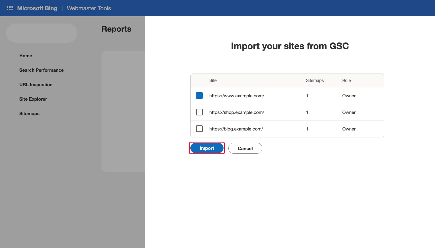 Схема екрана: список сайтів із Google Search Console і кнопка Import