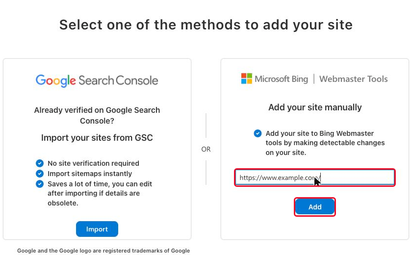 The "Enter your site URL" field and the "Add" button on the manual add card