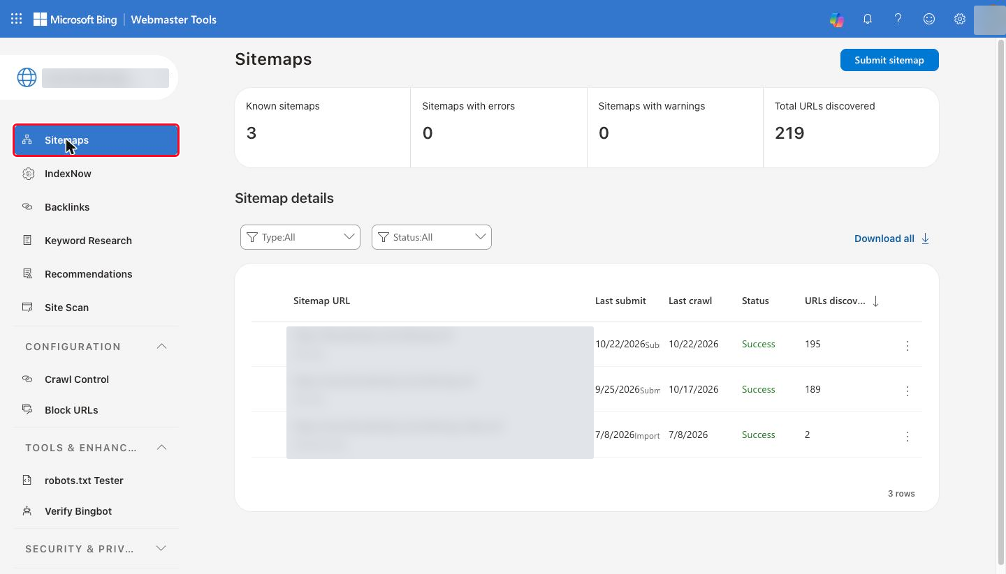 The Bing Webmaster Tools left menu with the "Sitemaps" item highlighted