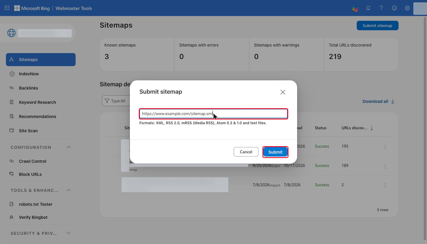 The "Submit sitemap" window with the address field and the "Submit" button