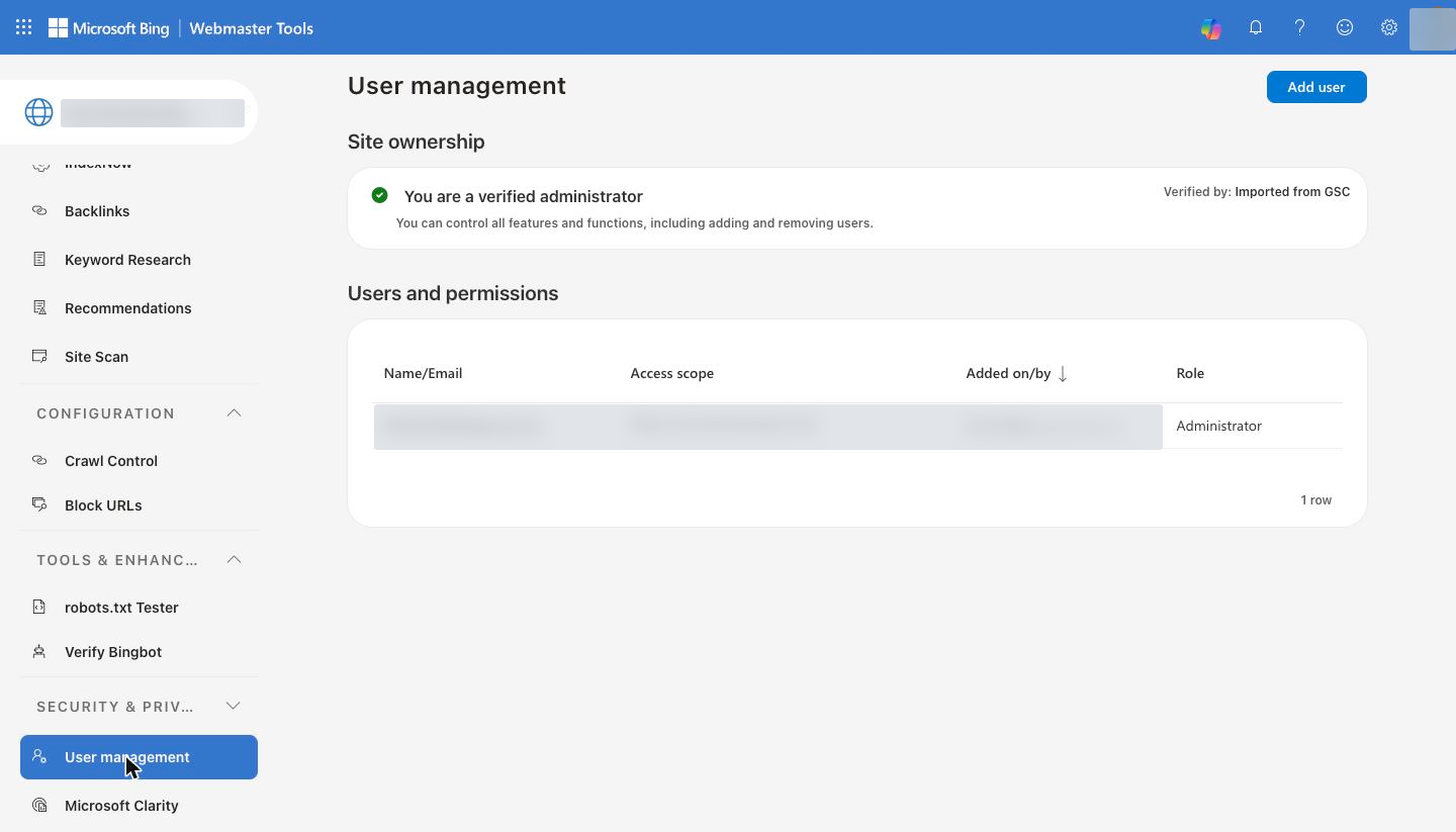 The "User management" page with the "Site ownership" block and the users list