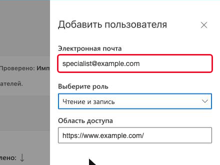 Поле «Электронная почта» с адресом специалиста specialist@example.com