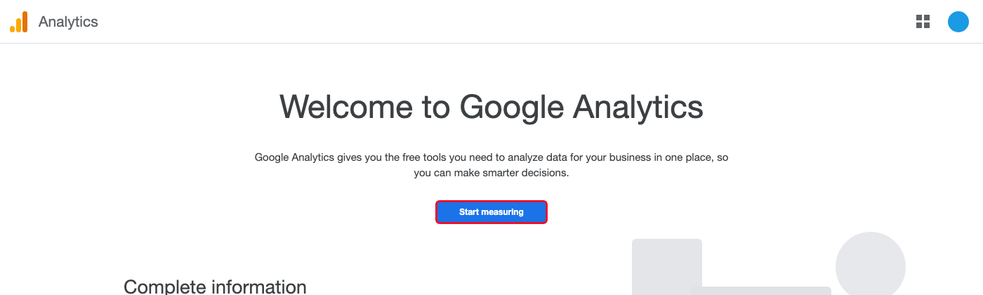 Google Analytics welcome page with the "Start measuring" button
