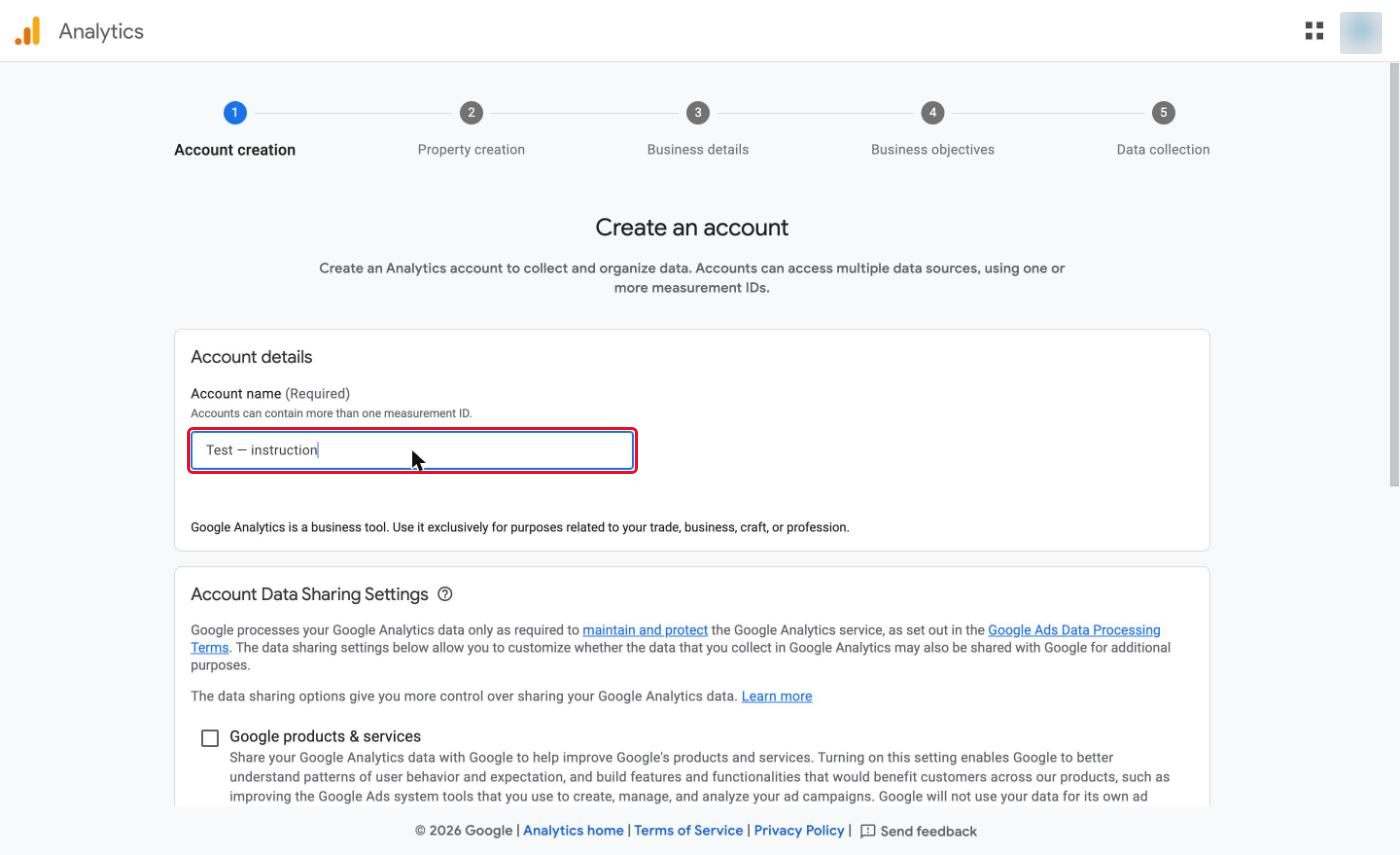 The "Account name" field in the Google Analytics account setup wizard