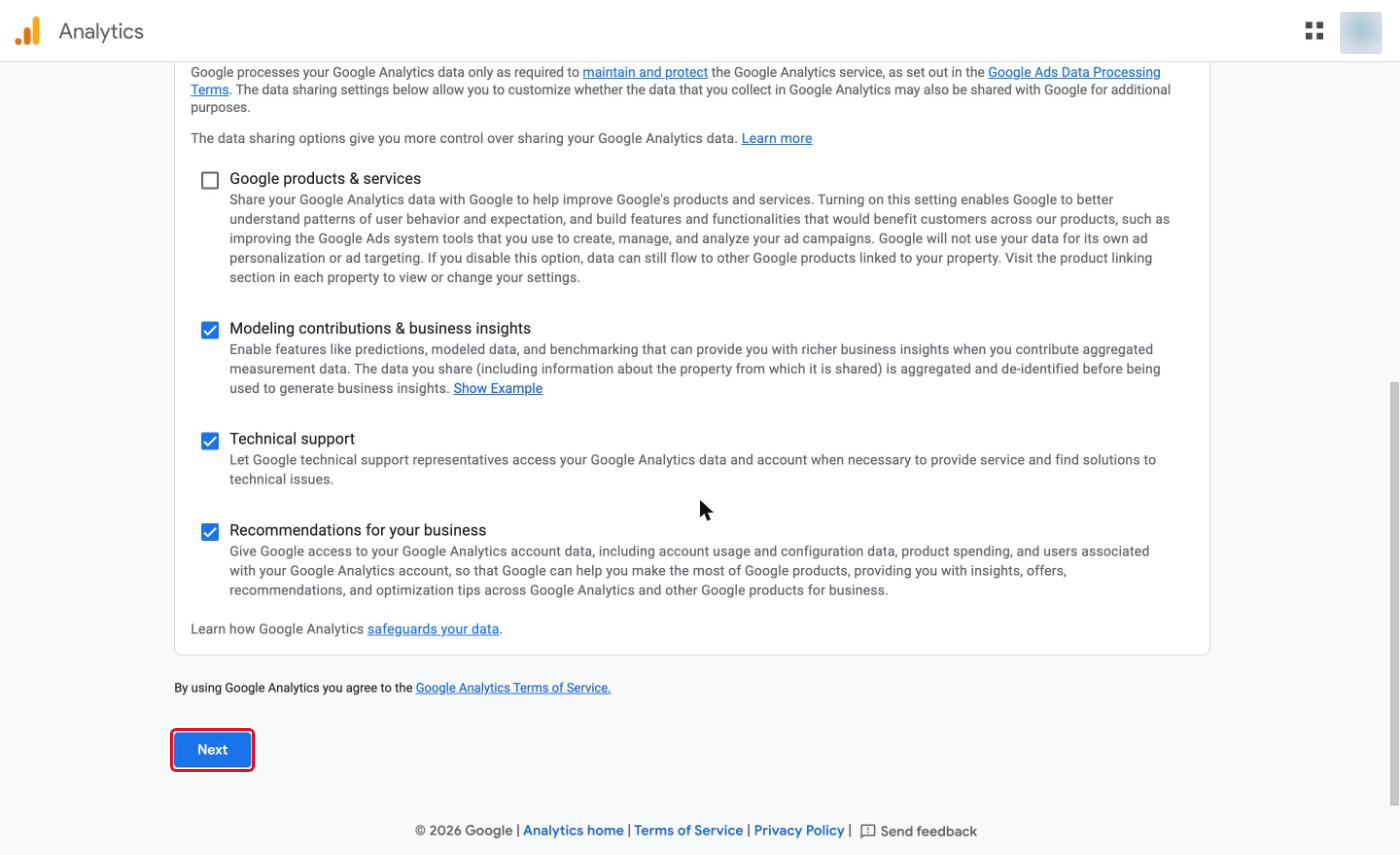 The "Next" button at the bottom of the data sharing settings page