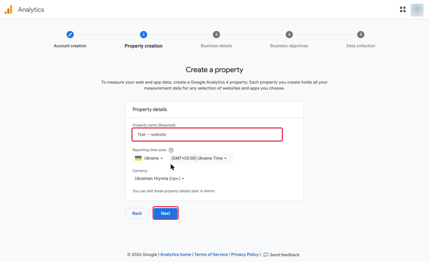 The "Property name", "Reporting time zone" and "Currency" fields in the property setup step