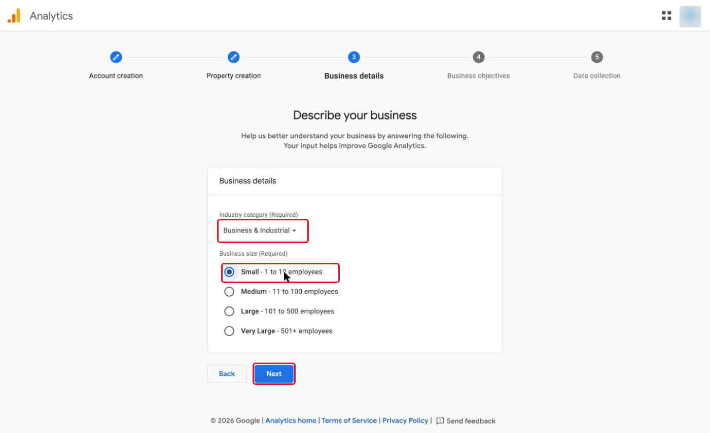 The "Industry category" list and "Business size" options on the business details step